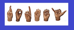 Rodney the name of DMC’s Board Member At-Large finger-spelled in ASL BIPOC hands are on a white background with a blue border.