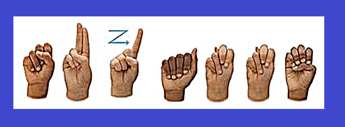 Suzanne the name of DMC’s Board Secretary finger-spelled in ASL BIPOC hands are on a white background with a blue border.