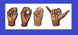 ALT-TXT: Tony the name of DMC’s Board President finger-spelled in ASL BIPOC hands are on a white background with a blue border.