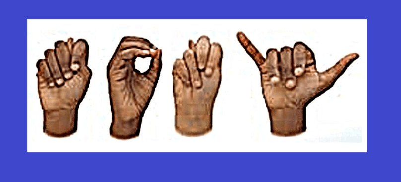 ALT-TXT: Tony the name of DMC’s Board President finger-spelled in ASL BIPOC hands are on a white background with a blue border.