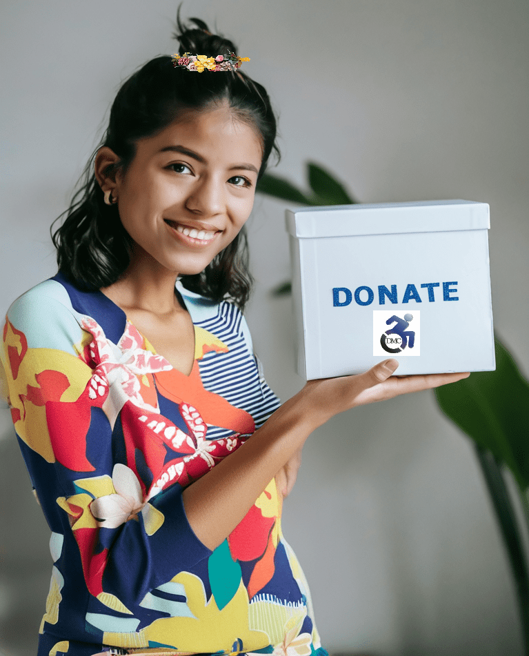 Pictured: Liza, DMC’s Donation representative in yellow, orange,blue and green floral blouse holding a white box with blue lettering “Donate” with DMC’s blue logo underneath