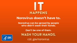 Orange background with blue CDC logo in lower left hand corner. White text which reads: IT happens. Norovirus doesn’t have to. Norovirus can be spread by people who didn’t wash their hands. Don’t be one of them. Wash your hands. Cdc.gov/norovirus