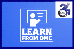 Learn from DMC written in white lettering on blue background with outline image of a person at a chalk board. Blue DMC logo in upper-right hand corner with dark blue border around entire graphic.