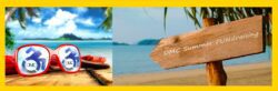 Left: Pictured red sunglasses to the left with DMC blue logo in reflection of the sunglasses with an ocean, palm trees and white clouds in the background; To the right: Wooden sign with arrow with DMC Summer FUNdraising written on arrow part of the sign attached to wooden stake in the sand on a beach with palm tree fronds behind it.