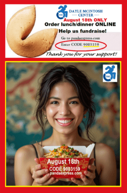 Pictured DMC promotions rep Liza smiling holding red Chinese food takeout box filled with noodles and vegetables. Box says August 18 CODE 9003159 pandaexpress.com in white letters on front