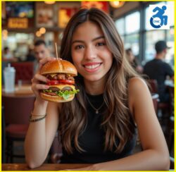 Pictured DMC’s Liza holding burger sitting at diner table smiling DMC Blue logo is in upper right hand corner.