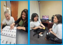 Pictured left: Paul and Wendy are using a large calendar at DMC; Pictured right Christabel is using a recorder with Gaby demonstrating how it is used.