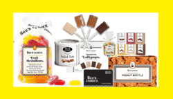 Pictured: Items from DMC Summer FUNdraising Storefront featuring ‘take along-no-melt’ treats from brittles, gummies, lollys, pops and more. See’s Gift Card in black for $25 is also featured with the candies. Image is on white with a yellow border.
