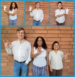 Pictured above individually Left-to-Right Pamela signing in ASL “I love you” (ILY); Jet signing “I love you” (ILY) and Doryna signing “I love you” (ILY) each showing their love for the community DMC serves and bottom photo Left to Right: Jet, Pamela and Doryna showing they are ‘stronger together’ signing “I love you” (ILY) in ASL standing in front of a brick wall as they unite their love for DMC’s community.