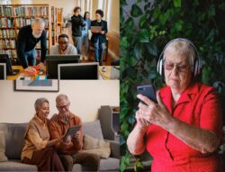 Trio of pictures of DMC Consumers accessing Information and Referral resources using different kinds of technology. First picture at the top upper-left: Younger person showing older person how to access DMC information on a computer at the library; Picture below shows older adult couple at home sitting on a sofa using an electronic tablet; Picture to the right shows older adult woman in red top outside using Wi-Fi to access DMC information using a mobile phone while listening to her reader.