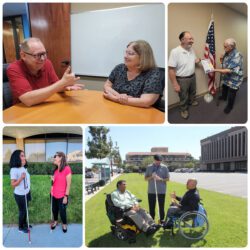 Pictured – photo collage of four photos including two adults having conversation in ASL at table; second top picture featuring to Veteran peers; third picture featuring to blind peers talking outside and last photo featuring blind group of three peers discussing disabilities outside on the lawn.