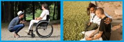 L-R – Person kneeling expressing with hands in communication to person in wheelchair to talk at eye level. Person seated on park bench with comforting arm around other person to show support. Duo of images has blue border