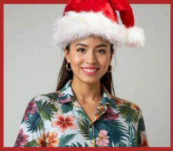 Picture of DMC’s Liza wearing Santa hat and tropical print shirt smiling to represent Christmas in July promotion. Image has a red border.