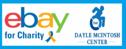 Picture above Ebay for charity logo in red, blue, yellow and green with a blue and gold ribbon next to the word charity. To the right is DMC blue logo. Both are on a white background with a blue border
