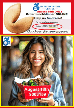 DMC's Liza smiling holding a Panda Express to go carton filled with Broccoli Beef which reads August 18th 9003159 on it in white text. Image has DMC's blue logo.