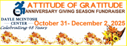 Banner with DMC logo, celebrating 48 years, Attitude of Gratitude, October 31-December 2, 2025 with cornucopia and fall leaves