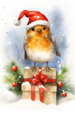 robin bird wearing Santa’s hat standing on prize packages with holiday holly and a red bow