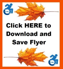 Click here to Download and Save Flyer written in black text on white background with autumn leaf as top and bottom border with DMC blue logo on white in upper left and lower right hand corners Total image has orange border and clicks to DMC’s 2025 Attitude of Gratitude Fundraiser flyer to share.