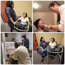 Collage of four DMC caregiver images: Top Left: Caregiver helping older adult with walker; Right Caregiver helping consumer brush teeth; Bottom Left: Caregiver helping consumer clean out refrigerator; Bottom Right caregiver offering comfort and conversation seated.