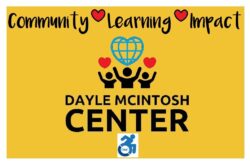 Dayle McIntosh Center written in black text Community learning and Impact also in black text with red hearts in-between Silhouette image of three people with two red hearts and one blue global one representing planet earth in the center with DMC blue logo