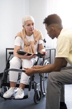 Older adult in transitions holding tangible calendar organizer, receiving information from care facility reviewing next steps from their facility to community transition.