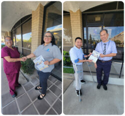L-R DMC’s PAS Team recruiting outside on ramp of DMC. Left: Judith shaking hands with caregiver while holding flyer; Right: Kevin with caregiver offering caregiver recruitment flyer.
