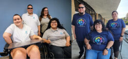 DMC Summer Youth Academy photos side-by-side. L-R: DMC’s Alan, Brittany and Nelly with YSA participant wearing DMC shirts inside DMC with blue wall behind; DMC’s Alan, Nelly and Anita wearing YSA blue shirts outside smiling.