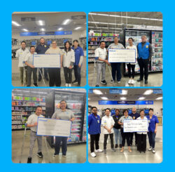 Collage of four different Walmart Spark Good check presentations to DMC. Top two images and feature DMC’s Kevin Dinh and Judith Garcia with Team Walmart; Lower left image features just Kevin and Judith holding Walmart Check presentation in-store and bottom right, DMC’s Michelle Ramos holding check with Team Walmart.