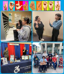 V-O-L-U-N-T-E-E-R finger-spelled in ASL with rainbow of colors behind the BIPOC hands at top of image. Collage of Volunteer photos featuring Volunteer being shown how to work in DMC’s mailroom with Volunteer Coordinator Raquel, Volunteer working at reception signing in ASL with front office team member Bianca; Volunteer working at Deaf Nation Expo with Deaf Services Advocate, Jet and Volunteer with DMC Youth Connect Services Team Members Nelly and Alan during outing