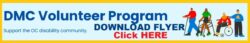 DMC Volunteer Program Download Flyer CLICK here bar featuring animated people with different disabilities on blue background image has yellow border.