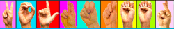 Pictured V-O-L-U-N-T-E-E-R finger-spelled in ASL on rainbow background of pink, blue, red, aqua orange yellow and green.