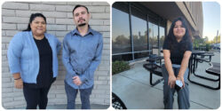 Two photo collage of ADRC Team Left to Right Community Living Advocates, Esme and Fernando pictured in front of beige brick wall; Data Resource Specialist Mareli sitting on bench outside building