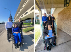 Two side-by-side DMC Collective Leadership Photos. Left: DMC's Admin Team: Miguel, Christine and Michael outside on side walk on sunny day; Right: DMC's Lead Team: Ivan, Pamela, Paul and Nelly outside in shade on stairwell.