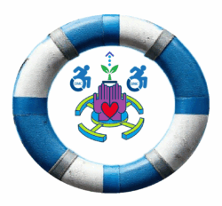 Blue and white life preserver. Inside circle features DMC blue logo twice on each side of a foundation base anchor in light green and blue with two purple hands and red heart pushing up growth from the foundation with green leaves and bubbles leading to a roof over the organization’s foundation