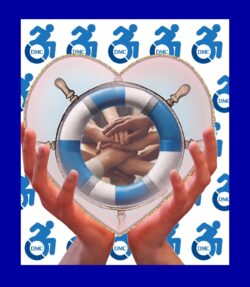 DMC Circle of Support Captain’s ship wheel. Inside the wheel is a blue and white life preserver and inside that hole are diverse hands all in stacked on top of one another in unity and support. The image is inside of a glass bubble held by two hands with DMC logo wallpaper on repeat in back of image. Image has dark blue border.