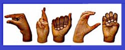 G-R-A-C-E” finger-spelled in ASL with BIPOC hands on white background with blue border