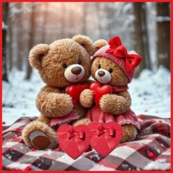 Two teddy bears holding hearts sitting on blanket in winter forest with See’s Valentine’s Chocolate boxes at their feet from DMC See’s Store