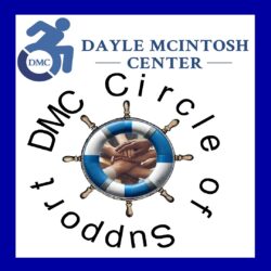 DMC Circle of Support in black text in circle formation around captain’s ship wheel which has life preserver in center and inside the circle are all hands in united in support DMC blue logo at the top and image has a blue border