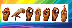 S-p-o-n-s-o-r finger spelled in ASL with BIPOC hands with rainbow border in yellow, orange, green, blue and purple swish in the background