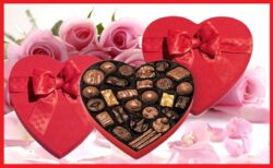 DMC See’s Storefront Classic red heart Valentine’s boxes of milk and dark chocolates. Lid has big red bow and images of candy boxes are on pink roses with rose petals scattered. Image has red border.