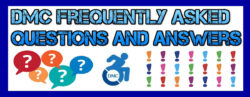 DMC Frequently Asked Questions and answers masthead graphic in blue text with multicolored question marks inside speech bubbles on lower left corner, DMC Blue logo in center and multicolored exclamation marks lower right corner. Image has blue border.