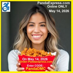 DMC’s Liza smiling holding red carton of Panda Express Orange Chicken. Container reads: On May 14, 2026 Order Pandaexpress.com; Enter CODE: PandaDMC Image has yellow border.