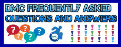 DMC Frequently Asked Questions and answers masthead graphic in blue text with multicolored question marks inside speech bubbles on lower left corner, DMC Blue logo in center and multicolored exclamation marks lower right corner. Image has blue border.