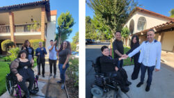Two-side-by-side photos of the Leadership Team: LEFT: L-R DMC Leads Nelly, making peace sign, Mari and Paul, making thumbs up gesture, Ivan and Pamela High-Fiving outside; RIGHT: DMC Administrators, Christine, Michael, Jackie and Miguel smiling outside with hands "all-in" together in unity.