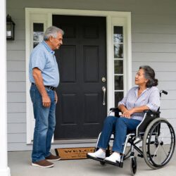Two older adults with different disabilities on front porch near front door with Welcome Mat