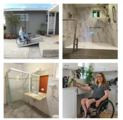 Collage showing different types of accessibility modification options. Top left: Temporary ramp; Top Right full shower/bathroom modification; Lower left: roll-in shower; bottom right Kitchen counter accessibility to reach sink and faucet.