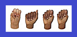 M-A-T-T finger-spelled in ASL with BIPOC hands on white background. Image has a blue border.