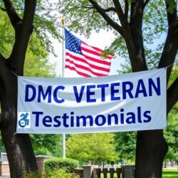 White banner hung between two trees in park which reads DMC Veteran Testimonials written in blue with DMC blue logo on it. In the background a U.S. flag flies in park with lots of green trees and grass.