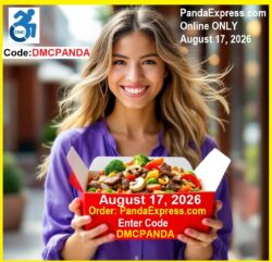DMC’s Liza smiling wearing purple shirt holding red carton of Panda Express Beef Sirloin with mushrooms, broccoli and red peppers. Container reads: On August 17, 2026 Order Pandaexpress.com; Enter CODE: DMCPANDA Image has yellow border. DMC Blue logo in upper left corner