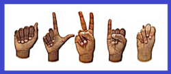 A-L-V-I-N finger-spelled in ASL with BIPOC hands. Image has a blue border